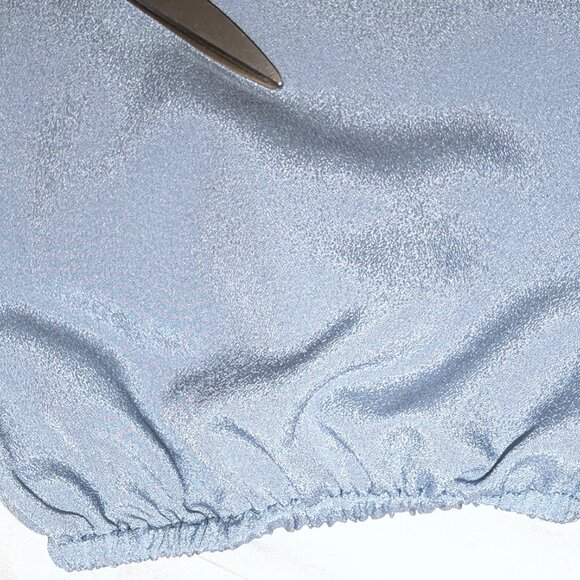 BCBGMAZAZRIA | Satin Blue Long Sleeve Ruffle Shoulder Keyhole Blouse | Medium - Picture 11 of 12